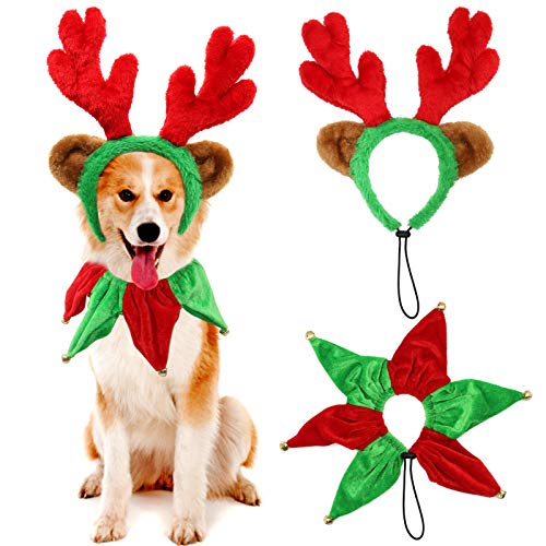 BWOGUE Weihnachten Rentiergeweih mit Glocke Halsband Set Verstellbar Hund Weihnachtskostüm Zubehör Klassische Elch Kopfbedeckung für mittelgroße große Hunde von BWOGUE