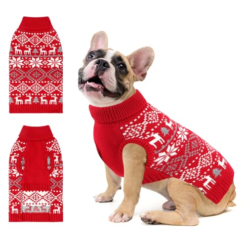 BWOGUE Weihnachtspullover für Hunde, Schneeflocke, Rentier, Rollkragenpullover mit Loch für die Leine, Strickpullover für kleine Hunde, mittelgroße Hunde (Größe S) von BWOGUE