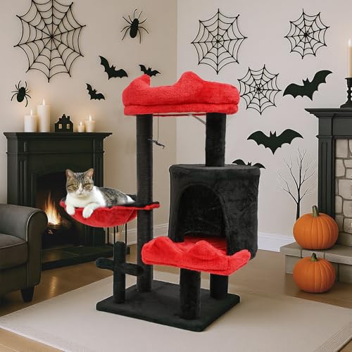 BYBYME Gothic-Kratzbaum für Halloween, 84.5 cm, stabiles Katzenmöbel-Set mit Katzenbett und Katzenhaus, Hängematte, kratzenden Sisalpfosten, multifunktionaler Katzenspielturm (Schwarz Rot) von BYBYME