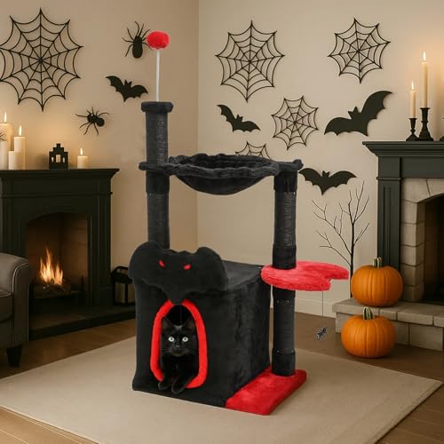 BYBYME Gothic-Kratzbaum für Halloween, 96.5 cm, stabiles Katzenmöbel-Set mit Katzenhaus, hängendem Spielzeug, Hängematte, kratzenden Sisal-bezogenen Pfosten (Schwarz Rot) von BYBYME