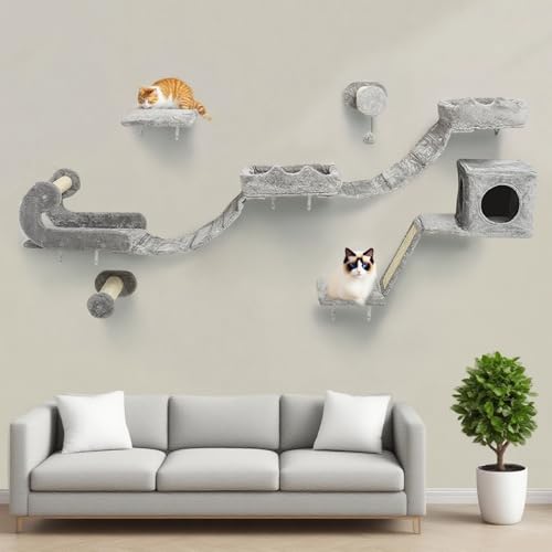 BYBYME Kletterwand Katzen Mit Langer BrüCke, Katzenregale Mit KratzbäUmen Und Katzenhaus, 5PCS Platzsparendes KlettermöBel FüR Erwachsene Katzen Und KäTzchen (Hellgrau) von BYBYME