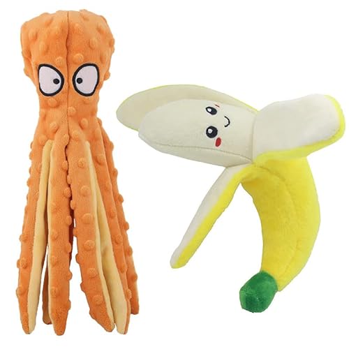 2 Stück Plüsch Quietschspielzeug Hundespielzeug,Gefüllte Oktopus Igel Frucht Plüschtiere Kauen Sound Fun Crinkle Plüschspielzeug Interaktives Spielzeug Kauspielzeug für kleine mittelgroße Hunde von BYNYXI