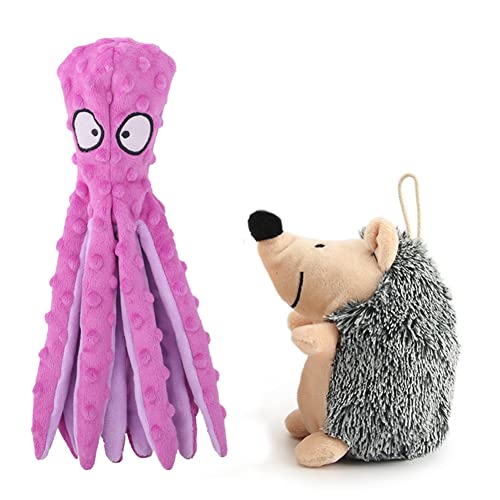 2 Stück Plüsch Quietschspielzeug Hundespielzeug,Gefüllte Oktopus Igel Frucht Plüschtiere Kauen Sound Fun Crinkle Plüschspielzeug Interaktives Spielzeug Kauspielzeug für kleine mittelgroße Hunde von BYNYXI