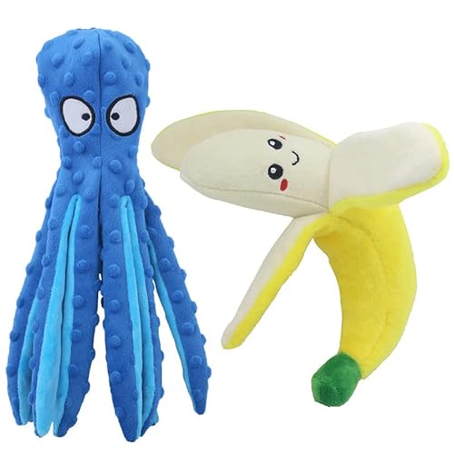 2 Stück Plüsch Quietschspielzeug Hundespielzeug,Gefüllte Oktopus Igel Frucht Plüschtiere Kauen Sound Fun Crinkle Plüschspielzeug Interaktives Spielzeug Kauspielzeug für kleine mittelgroße Hunde von BYNYXI