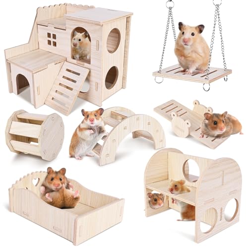 BYZESTY Hamster Haus aus Holz, Hamster Spielzeug, 7 Stück DIY Haus für Meerschweinchen Holz, Hamster Haus Glockenrolle Brücke Wippe Schaukel Hamster Zubehör für Rennmäuse Zwerghamster Chinchillas von BYZESTY