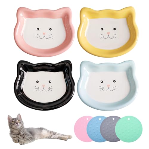 Katzennapf Keramik, 4 Stück Futternäpfe für Katzen, Futternapf Katze Keramik mit 4 Rutschfester Matte, Bunte Nassfutternäpfe Kleintiere, Flache Schalen Für Kätzchen, Katzenfutterteller Aus Keramik Katzennapf Keramik, 4 Stück Futternäpfe für Katzen, Futternapf Katze Keramik mit 4 Rutschfester Matte, Bunte Nassfutternäpfe Kleintiere, Flache Schalen Für Kätzchen, Katzenfutterteller Aus Keramik von BYZESTY