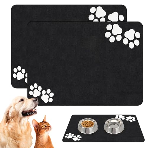 Napfunterlage Hund Und Katze, 2Stück 60x40cm rutschfest Napfunterlage, Super Saugfähige Hundenapf Unterlage, Futtermatte Katzen Mit Tatzenmuster, Wasserdicht Futtermatte Für Haustiere (60 * 40cm, A) von BYZESTY