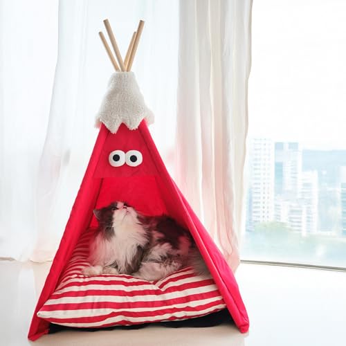 Erhöhtes Hundezelt, kleines Hundebett mit Pad, tragbarer Katzentunnel aus Holz und Haus, Hundebetten für Haustiere im Innenbereich, bequemes Zuhause für Katzen und kleine Hunde (Rot, M) von BZQCRT