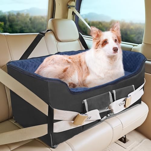 Babenest Hunde Autositz, Sehr Stabiler Mehrere Haustiere Auto Erhöhter mit Sicherheitsgurt für Mittlere Hunde, Faltbare Waschbarer und Große Kapazitäter Auto Hundekorb für Rücksitz (Royal Blue, L) von Babenest