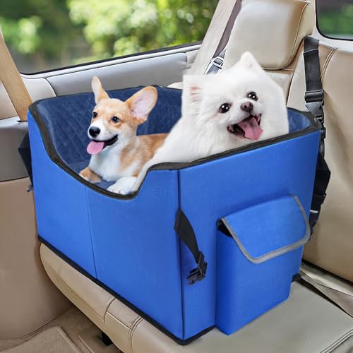 Babenest Hunde Autositz, Sehr Stabiler Auto Erhöhter mit Sicherheitsgurt für Kleine oder Mittlere Hunde Reisen, Waschbarer und Große Kapazitäter Auto Hundekorb für Vorder und Rück (Blue, M) von Babenest