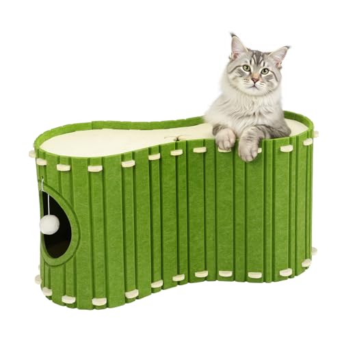 Babenest Katzentunnel Filz, Hochwertigem Katzenhöhle Haus mit Plüschen Spielzeug Ball bis zu 10kg, Indoor Abnehmbar Kratzbaum Katzenbett für Viele Katzen Schlafen, Spielen Verstecken (Beige und Grün) von Babenest