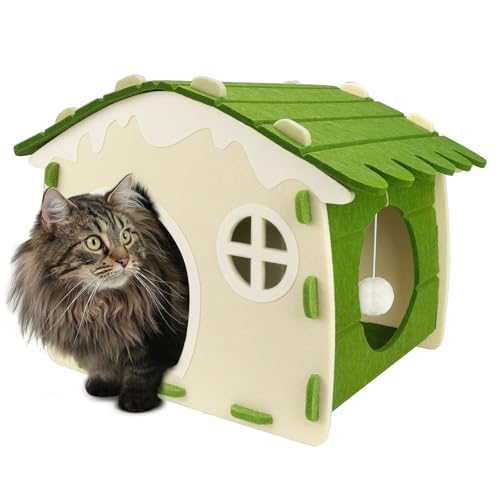 Babenest Katzenhöhle Filz, Hochwertigem Katzen schlafhöhle Haus mit Plüschen Spielzeug Ball bis zu 10kg, Indoor Abnehmbar Kratzbaum Katzenbett für 2 Katzen Schlafen, Spielen Verstecken(Beige und Grün) von Babenest