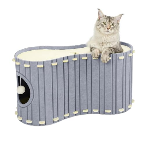 Babenest Katzentunnel Filz, Hochwertigem Katzenhöhle Haus mit Plüschen Spielzeug Ball bis zu 10kg, Indoor Abnehmbar Kratzbaum Katzenbett für Viele Katzen Schlafen, Spielen Verstecken (Beige und Grau) von Babenest