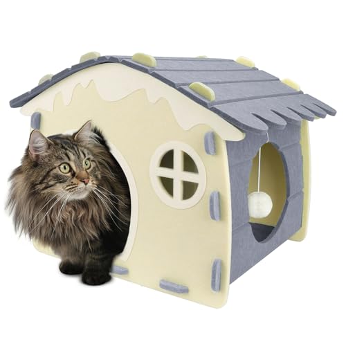 Babenest Katzenhöhle Filz, Hochwertigem Katzen schlafhöhle Haus mit Plüschen Spielzeug Ball bis zu 10kg, Indoor Abnehmbar Kratzbaum Katzenbett für 2 Katzen Schlafen, Spielen Verstecken(Beige und Grau) von Babenest