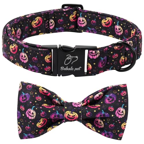 Babole Pet Halloween-Hundehalsband mit Fliege – niedliches Halloween-Hundehalsband, schwarz, gruseliger Kürbis, verstellbare Metallschnalle, Fliege Halsband für kleine, mittelgroße und große Jungen von Babole Pet