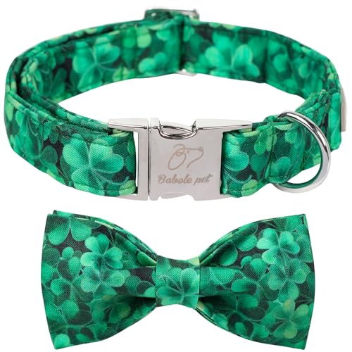 Babole Pet St. Patrick's Day Hundehalsband mit Fliege, abstraktes Kleeblatt, weiche Baumwolle mit Sicherheits-Metallschnalle, verstellbares Welpenhalsband für große Jungen und Mädchen, tolles von Babole Pet