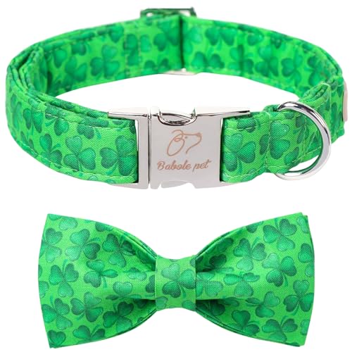 Babole Pet St. Patrick's Day Hundehalsband mit Fliege, grünes Kleeblatt, weiche Baumwolle mit Sicherheits-Metallschnalle, verstellbares Welpenhalsband für kleine Jungen und Mädchen, tolles Geschenk, von Babole Pet