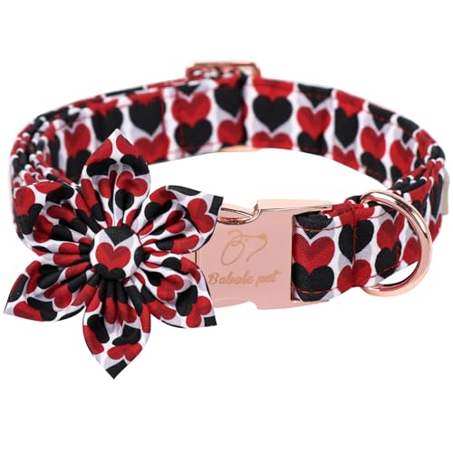 Babole Pet Valentinstags-Hundehalsband für große Hunde mit Blumenbindung, rotes und schwarzes Liebesherz, mit Sicherheits-Metallschnalle, verstellbares Welpenhalsband für kleine, mittelgroße Jungen von Babole Pet