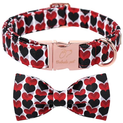 Babole Pet Valentinstags-Hundehalsband für mittelgroße Hunde mit Fliege, rotes und schwarzes Liebesherz, mit Sicherheits-Metallschnalle, verstellbares Welpenhalsband für kleine, große Jungen und von Babole Pet