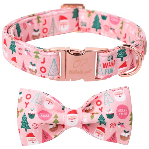 Babole Pet Weihnachtliches Hundehalsband für kleine Hunde mit Fliege, rosa Hundehalsband mit Sicherheits-Metallschnalle, verstellbare Welpenhalsbänder für mittelgroße und große Hunde, Geschenk für von Babole Pet