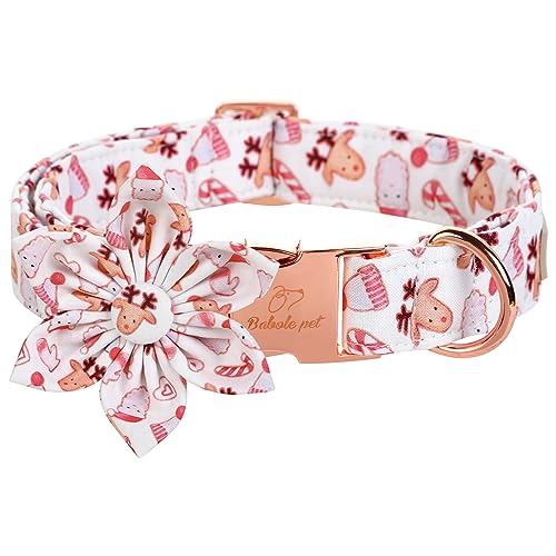 Babole Pet Weihnachtliches Mädchen-Hundehalsband, Blumenkrawatte, weiß, rosa, Elch, Weihnachtsmann, weiblich, mit Sicherheits-Metallschnalle, Halsumfang 40.6 cm,66 cm von Babole Pet