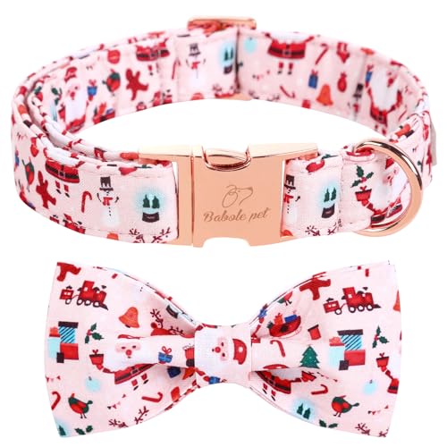 Babole Pet Weihnachts-Hundehalsband mit Fliege, rosa Elch-Weihnachtsmann, männlicher Hundehalsband mit Sicherheits-Metallschnalle, verstellbare Welpenhalsbänder für kleine, Halsumfang 20.3 cm,30.5 cm von Babole Pet