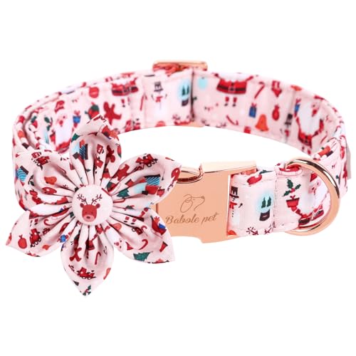 Babole Pet Weihnachts-Mädchen-Hundehalsband, Blumen-Krawatte, rosa Elch-Weihnachtsmann, Hündchenhalsband mit Sicherheits-Metallschnalle, Halsumfang 40.6 cm,66 cm von Babole Pet