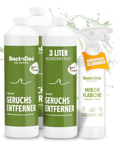BactoDes - Neutral geruchsloser & probiotischer Allzweckreiniger 3x1L Konzentrat mit Sprayflasche - Spezial Geruchsneutralisierer mit bio Mikroben-Wirkung - Effektiver Enzymreiniger & Geruchsentferner BactoDes - Neutral geruchsloser & probiotischer Allzweckreiniger 3x1L Konzentrat mit Sprayflasche - Spezial Geruchsneutralisierer mit bio Mikroben-Wirkung - Effektiver Enzymreiniger & Geruchsentferner von BactoDes