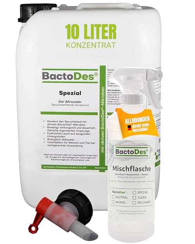 BactoDes - Spezial Geruchsneutralisierer 10L Konzentrat mit Spray-Mischflasche - Universal Enzymreiniger mit Bio Mikroben-Wirkung - Effektiver Geruchsentferner für sämtliche unangenehme Gerüche von BactoDes