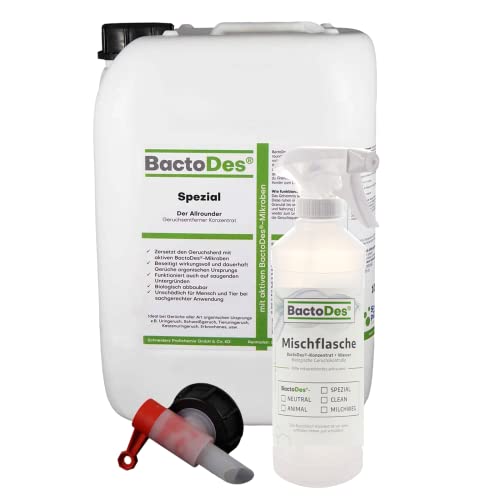 BactoDes - Spezial Geruchsneutralisierer 10L Konzentrat mit Spray-Mischflasche - Universal Enzymreiniger mit Bio Mikroben-Wirkung - Effektiver Geruchsentferner für sämtliche unangenehme Gerüche von BactoDes