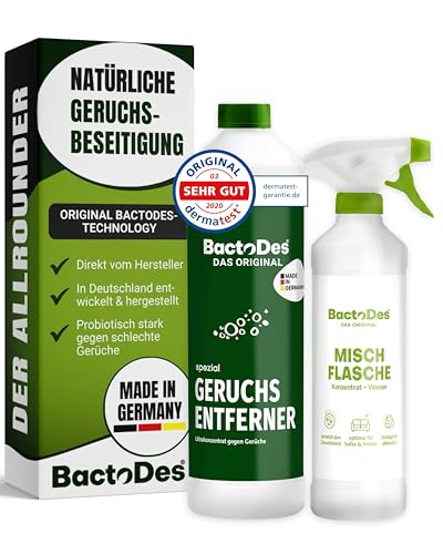 BactoDes Spezial 1L. Geruchsvernichter - Allround Geruchskiller und Geruchsentferner beseitigt ua.sowohl Uringeruch, Erbrochenes, als auch Tiergeruch, Hundegeruch, Katzenurin usw. dauerhaft aus Estrich, Fliesen und Polster - Konzentrat zum Verdünnen, incl. Misch/Sprühflasche von BactoDes