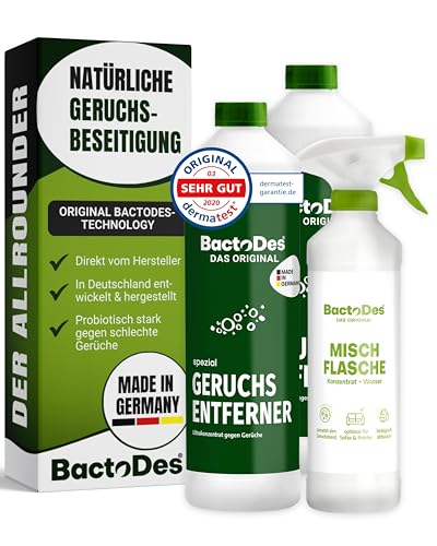 BactoDes - Spezial Geruchsneutralisierer 2L Konzentrat mit Spray-Mischflasche - Universal Enzymreiniger mit Bio Mikroben-Wirkung - Effektiver Geruchsentferner für sämtliche unangenehme Gerüche von BactoDes