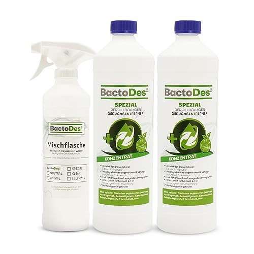 BactoDes - Spezial Geruchsneutralisierer 2L Konzentrat mit Spray-Mischflasche - Universal Enzymreiniger mit Bio Mikroben-Wirkung - Effektiver Geruchsentferner für sämtliche unangenehme Gerüche von BactoDes