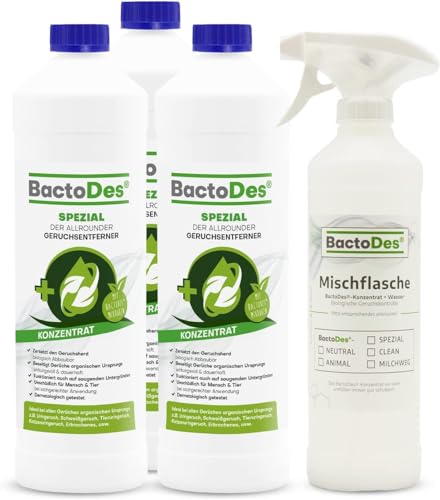 BactoDes - Spezial Geruchsneutralisierer 3L Konzentrat mit Spray-Mischflasche - Universal Enzymreiniger mit bio Mikroben-Wirkung - Effektiver Geruchsentferner für sämtliche unangenehme Gerüche von BactoDes