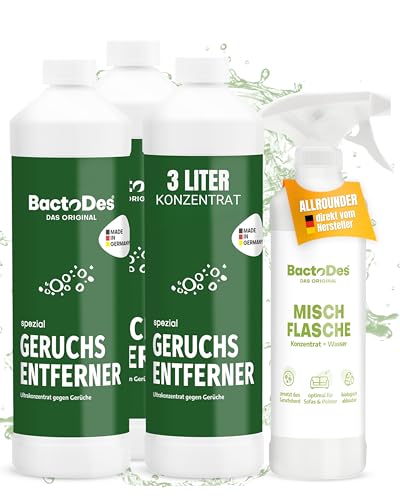 BactoDes - Spezial Geruchsneutralisierer 3L Konzentrat mit Spray-Mischflasche - Universal Enzymreiniger mit bio Mikroben-Wirkung - Effektiver Geruchsentferner für sämtliche unangenehme Gerüche von BactoDes