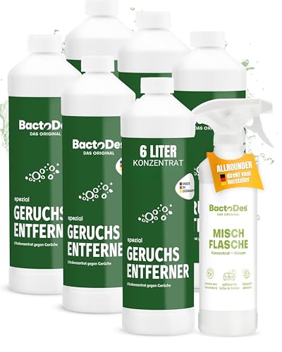 BactoDes - Spezial Geruchsneutralisierer 6L Konzentrat mit Spray-Mischflasche - Universal Enzymreiniger mit bio Mikroben-Wirkung - Effektiver Geruchsentferner für sämtliche unangenehme Gerüche von BactoDes