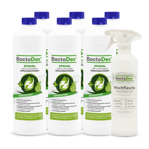 BactoDes - Spezial Geruchsneutralisierer 6L Konzentrat mit Spray-Mischflasche - Universal Enzymreiniger mit bio Mikroben-Wirkung - Effektiver Geruchsentferner für sämtliche unangenehme Gerüche von BactoDes