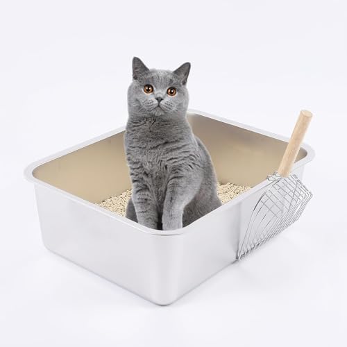 Baeluny Katzentoilette aus Edelstahl, Metall-Katzentoilette mit Katzenstreuschaufel, leicht zu reinigen, Katzentoilette, für Geruchskontrolle, für Katzen, Kaninchen, 45 x 35 x 15,2 cm von Baeluny