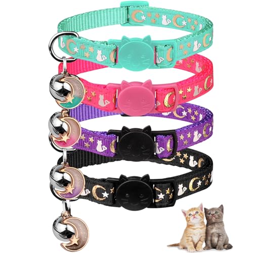 Baeuppit Katzenhalsband mit Glöckchen, leuchtet im Dunkeln, verstellbar, Katzenhalsbänder für kleine, mittelgroße Katzen, 17,5 - 27,9 cm, Schwarz, Lila, Rosa und Blaugrün, 4 Stück von Baeuppit