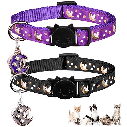 2PCS Breakaway Cats Collars with Bell Moons Stars Adjustable Kitten Collars with Pendant Glow in The Dark (Purple+Black) von WERPOWER