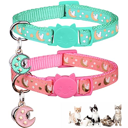 Katzenhalsbänder für Jungen und Mädchen, verstellbar, mit Glöckchen, Rosa + Blaugrün, 2 Stück Katzenhalsbänder für Jungen und Mädchen, verstellbar, mit Glöckchen, Rosa + Blaugrün, 2 Stück von Baeuppit