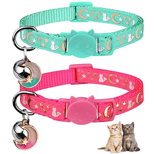 Katzenhalsbänder mit Glocke, Mond und Sternen, niedliches Kätzchen, verstellbar, sicher, mit Anhänger, leuchtet im Dunkeln, Rosa und Blaugrün, 2 Stück Katzenhalsbänder mit Glocke, Mond und Sternen, niedliches Kätzchen, verstellbar, sicher, mit Anhänger, leuchtet im Dunkeln, Rosa und Blaugrün, 2 Stück von Baeuppit