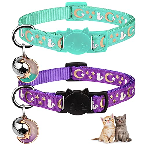 Katzenhalsbänder mit Glocken, Monden, Sternen, verstellbar, sicher, Kätzchenhalsbänder mit Anhänger, leuchtet im Dunkeln, Lila und Blaugrün, 2 Stück von Baeuppit