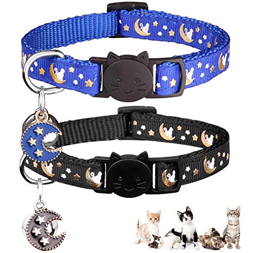 Katzenhalsbänder mit Glöckchen, Mond, Sterne, verstellbar, mit Anhänger, leuchtet im Dunkeln, Schwarz + Blau, 2 Stück von Baeuppit