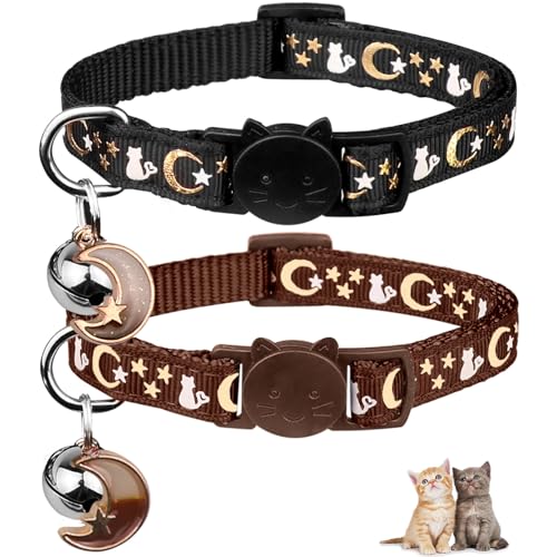 Katzenhalsbänder mit Glöckchen, leuchtet im Dunkeln, verstellbar, 17,5 - 27,7 cm, Braun und Schwarz, 2 Stück von Baeuppit