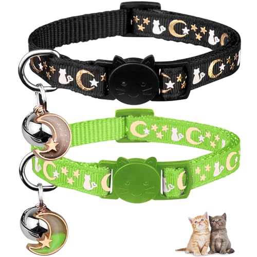 Katzenhalsbänder mit Glöckchen, leuchtet im Dunkeln, verstellbar, 17,5 - 27,7 cm, Grün und Schwarz, 2 Stück von Baeuppit