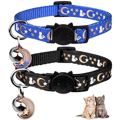 Katzenhalsbänder mit Glöckchen, leuchtet im Dunkeln, verstellbar, 20-33 cm, Blau und Schwarz, 2 Stück von Baeuppit