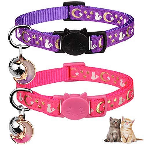 Katzenhalsbänder mit Glöckchen, leuchtet im Dunkeln, verstellbar, 20 - 33 cm, Violett und Rosa, 2 Stück von Baeuppit