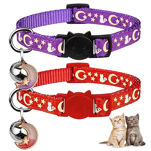 Katzenhalsbänder mit Glöckchen, mit Öffnung, leuchtet im Dunkeln, verstellbar, Rot und Violett, 2 Stück von Baeuppit