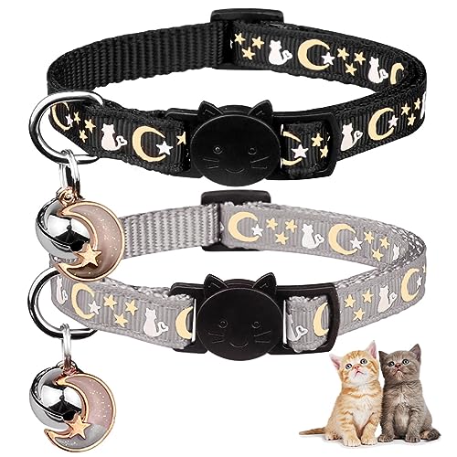 Katzenhalsbänder mit Glöckchen, mit Verschluss, verstellbar, Grau und Schwarz, 2 Stück von Baeuppit